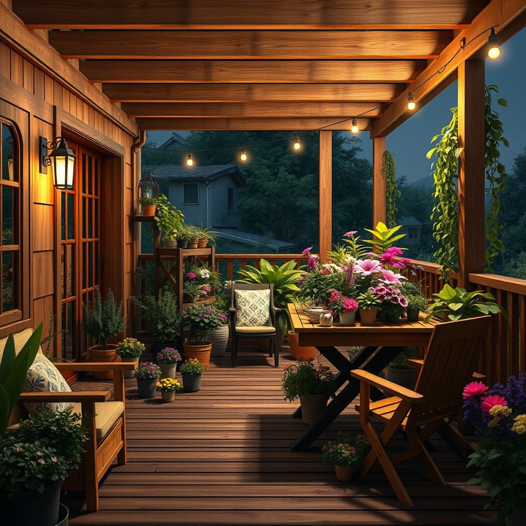 Functional Terrace with Oak Furniture in 3D Lighting