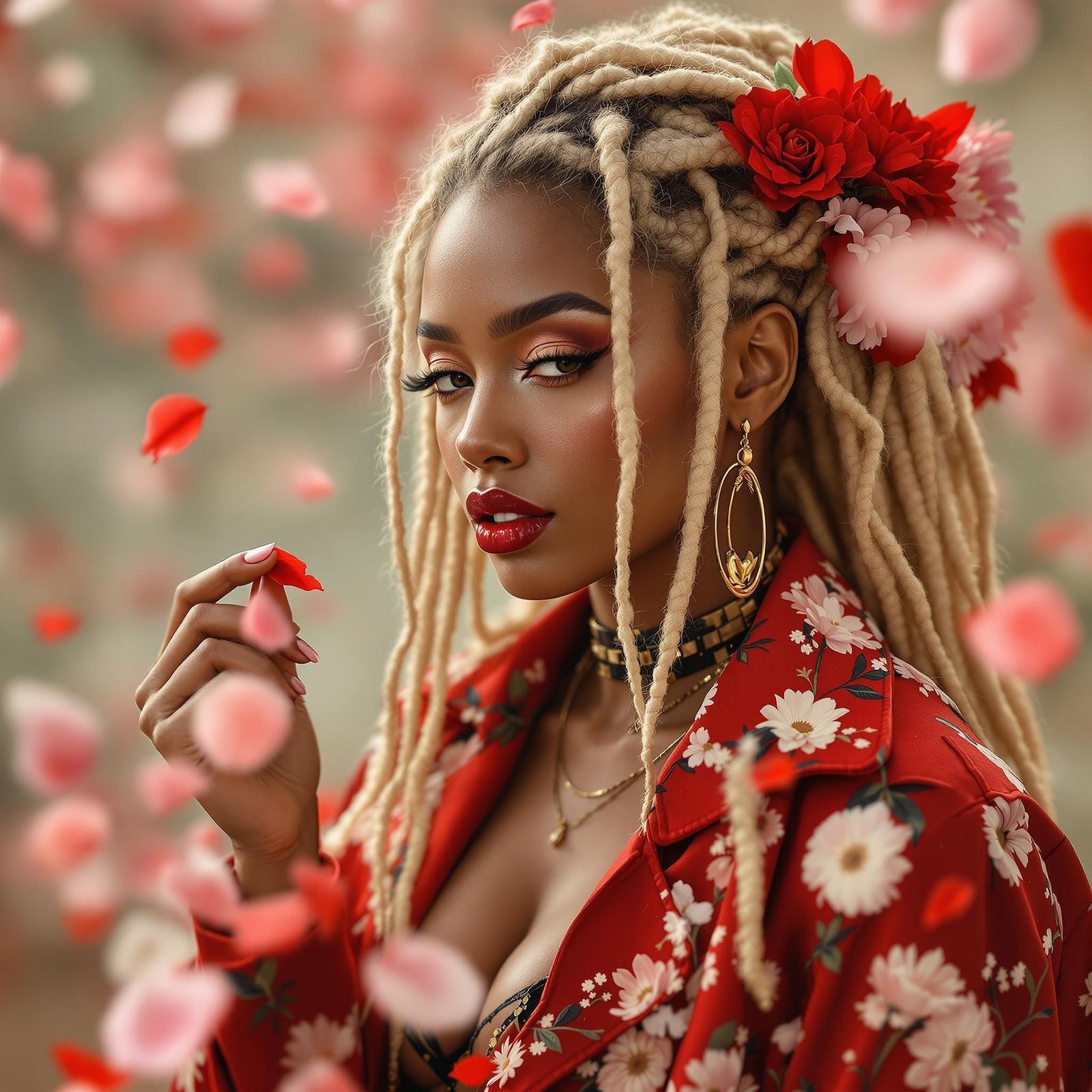 Elegant American Woman with Intricate Dreadlocks in Whimsica...