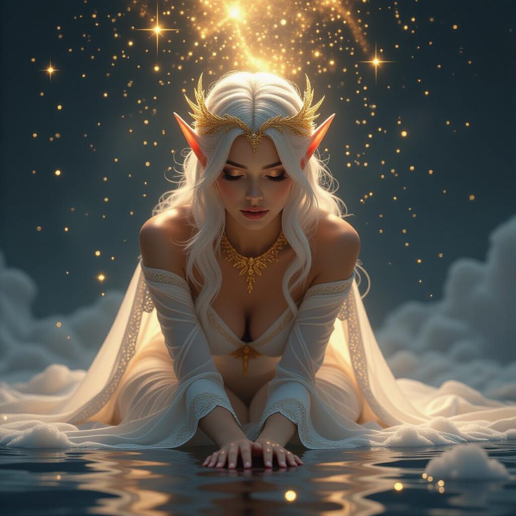 Celestial Fae in Golden Light with Cosmic Background