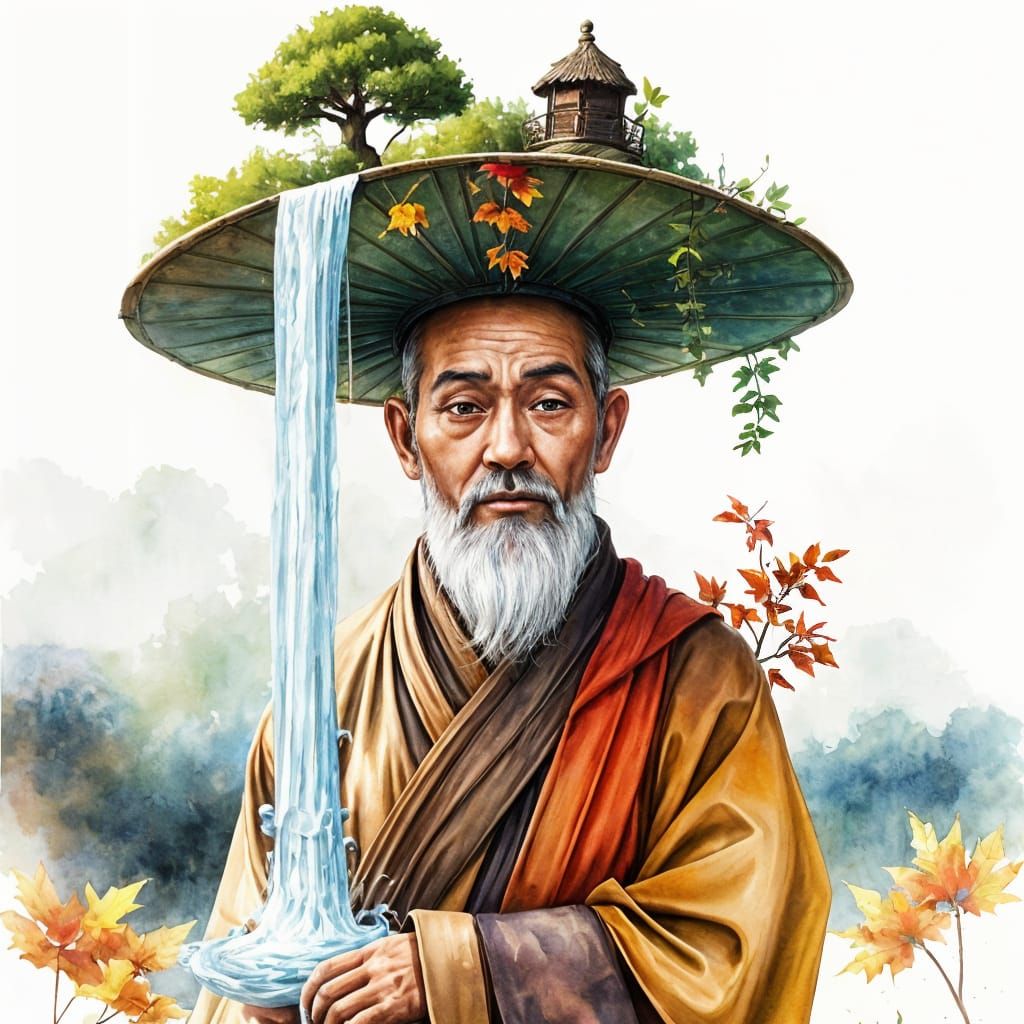 Whimsical Monk Wears Japanese Garden Hat in Fall