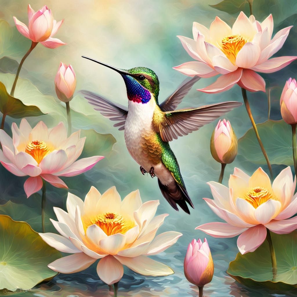 Hummingbird and Lotus Flowers in Impressionistic Style
