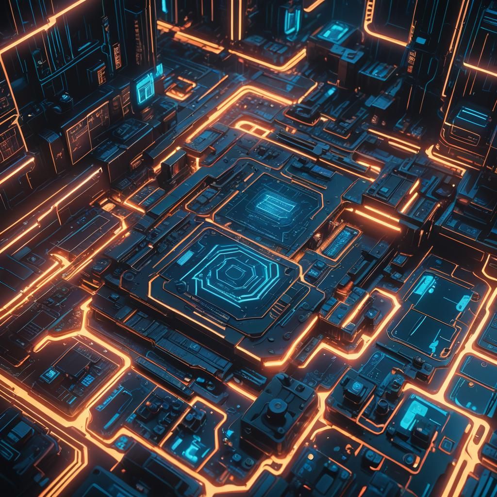 Cyberpunk Circuit Board with Glowing Blue Lines
