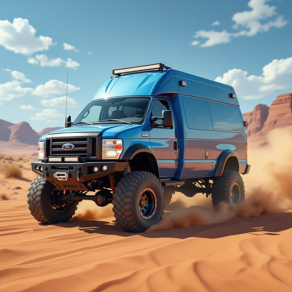 Armored Blue Van in Desert Race, Futuristic & Gritty Style