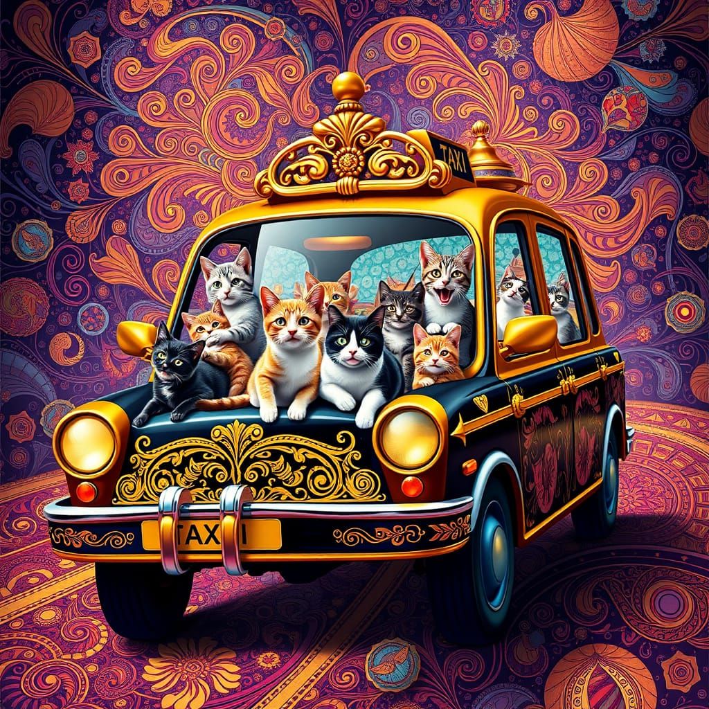 Ornate Taxi Overflows with Whimsical Cats in Opulent, Dreaml...