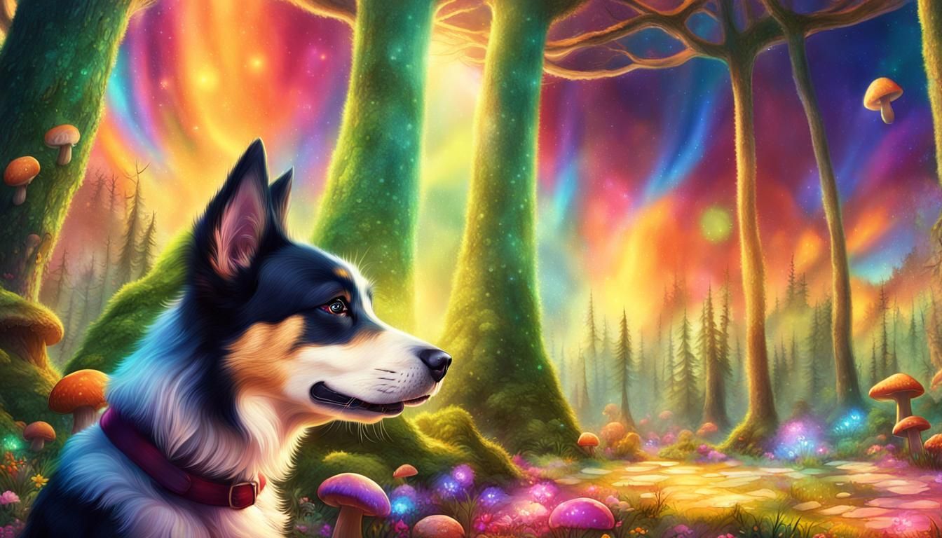 Cute Dog on Mushroom in Whimsical Forest