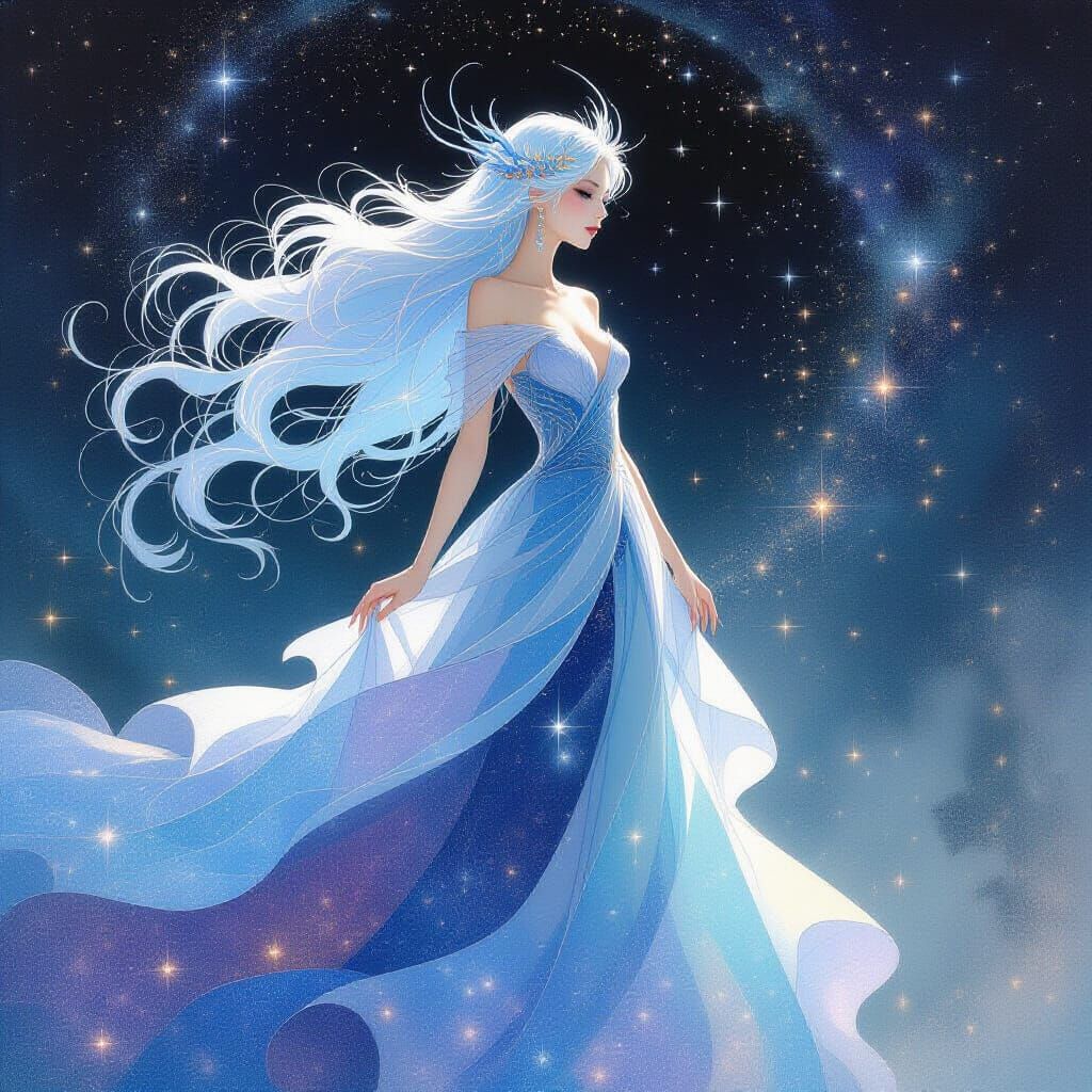 Ethereal Woman in Cosmic Nebula, Mixed Media Fantasy Art