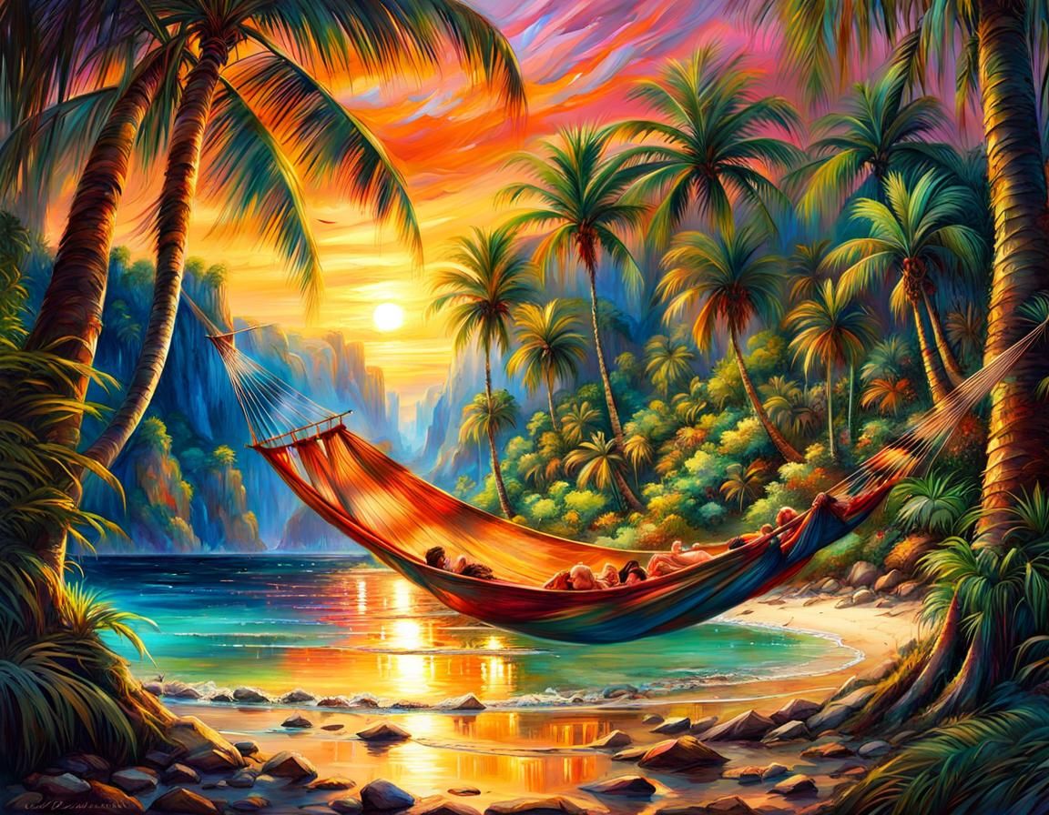 Tropical Island Sunset: A Digital Oil Painting