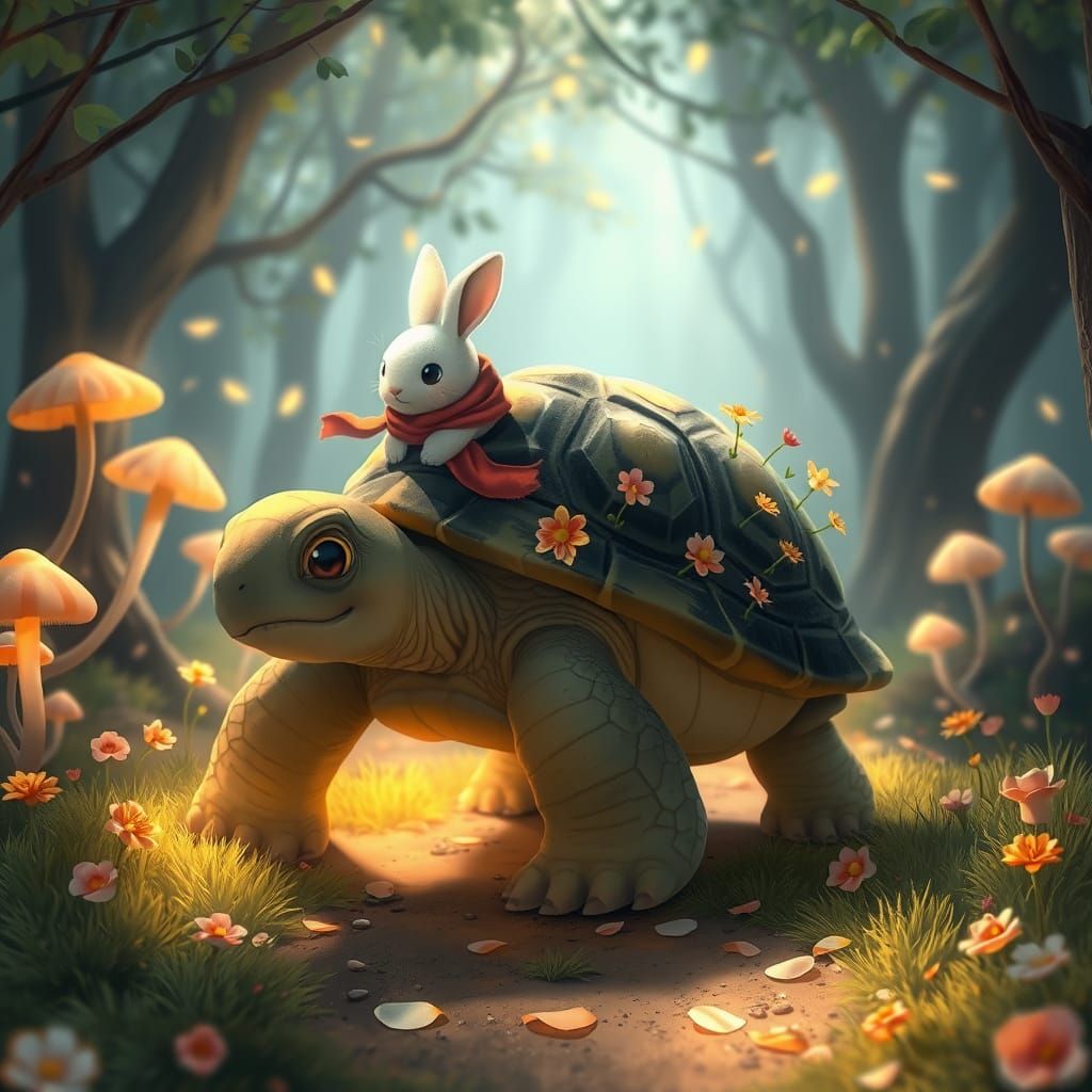 Gentle Tortoise and Rabbit on Magical Woodland Path