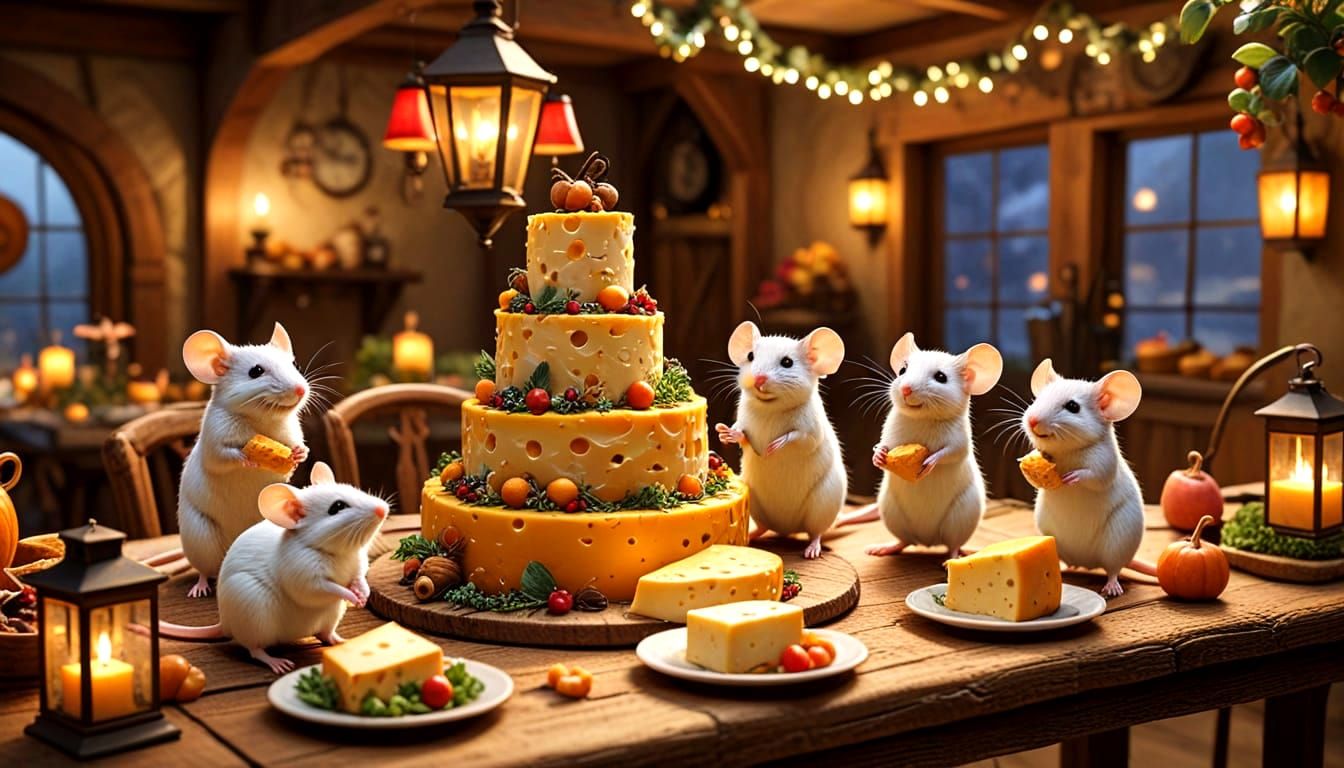 Mice Feast on Giant Cheese in Whimsical Barn