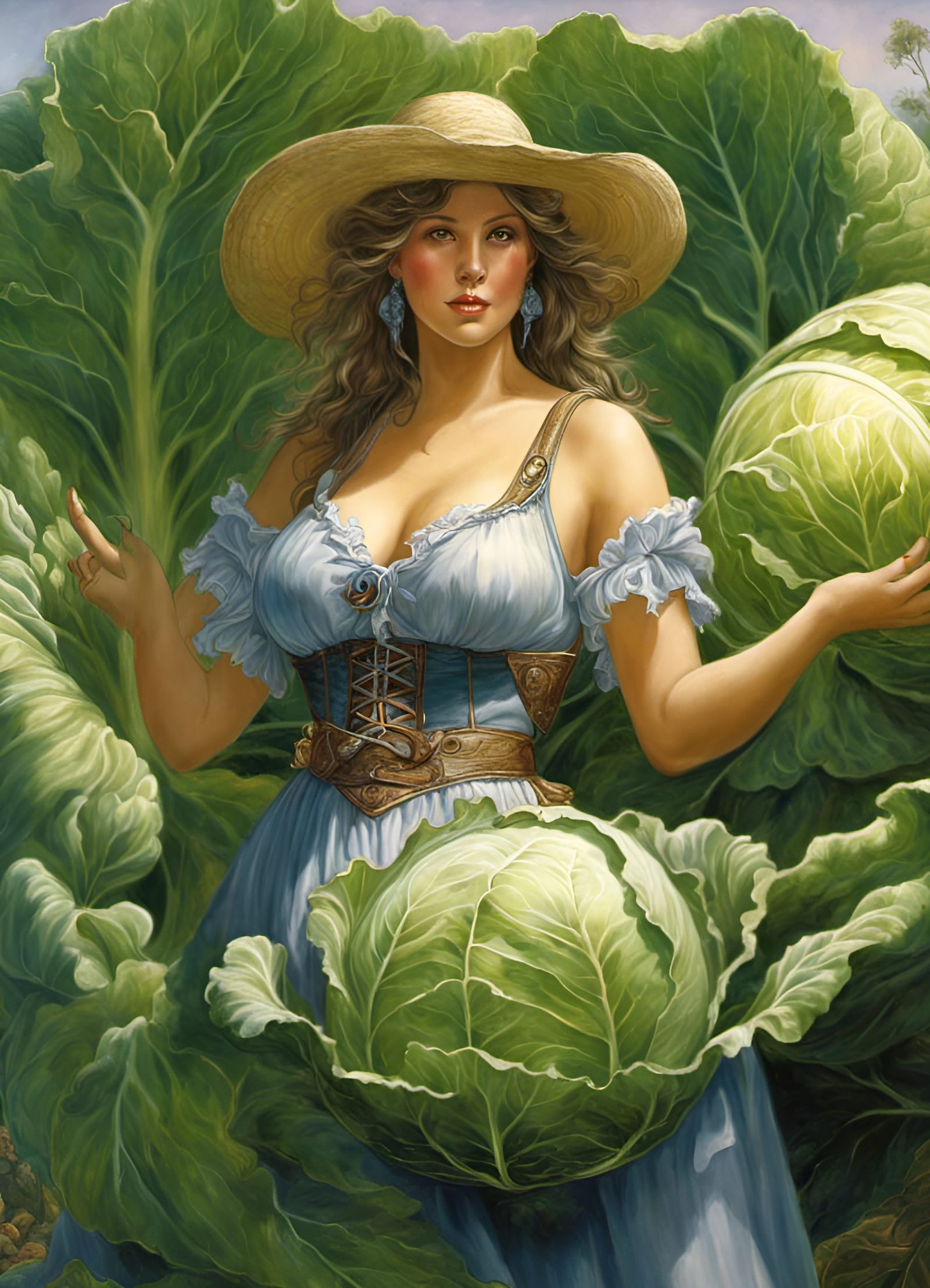 Triumphant Farmgirl and Gigantic Cabbage in Pastel Colors