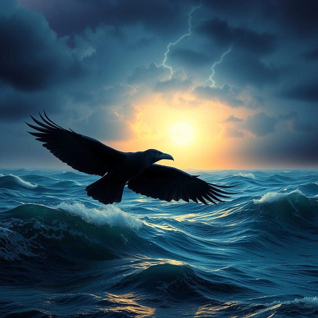 Majestic Black Raven Soars Over Turbulent Water at Dusk