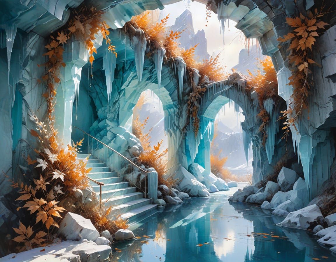 Ice Cavern Overlooking Turquoise Pool with Sunlit Vines