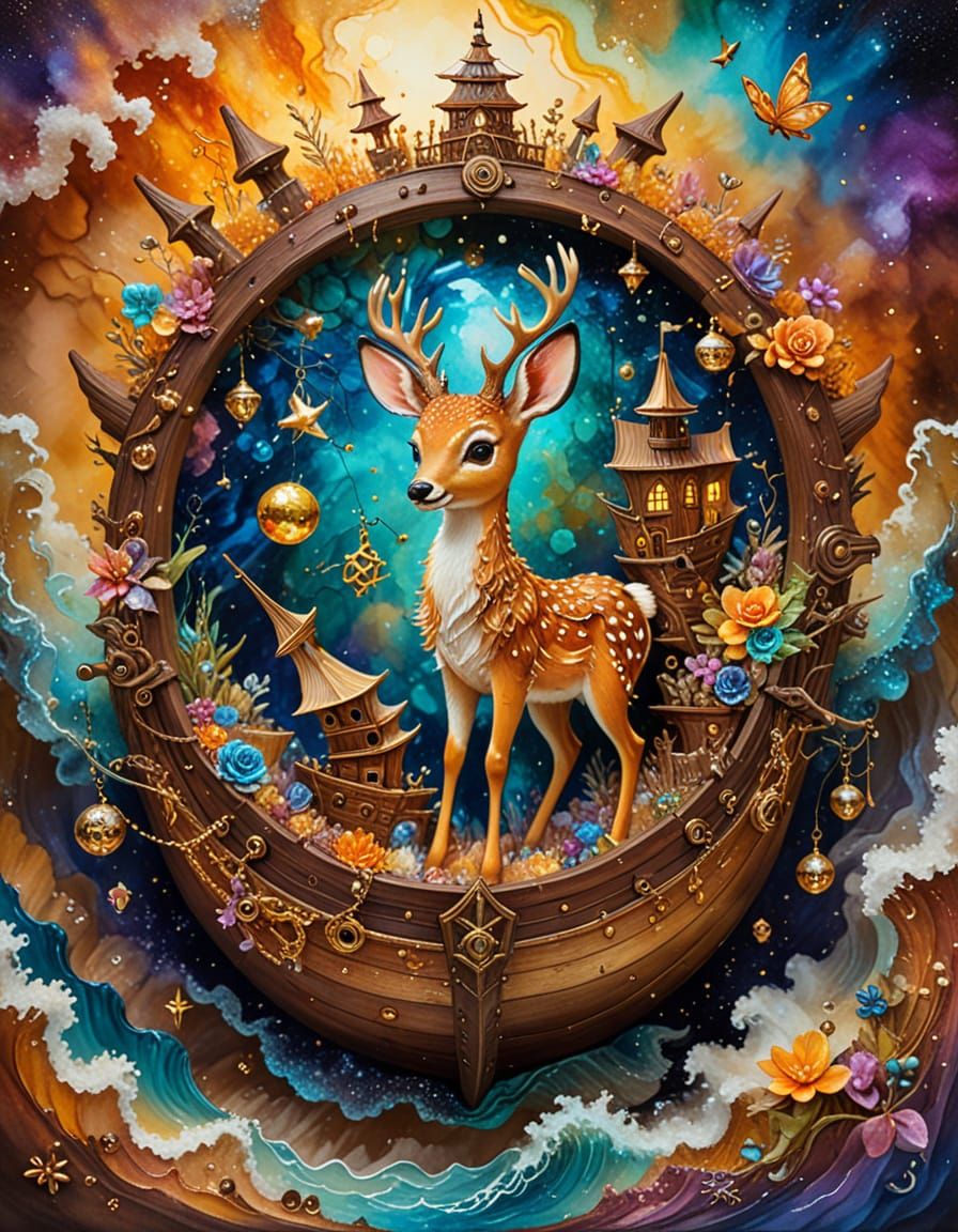 Bambi Pirate Ship: Surrealist Painting with Rich Textures