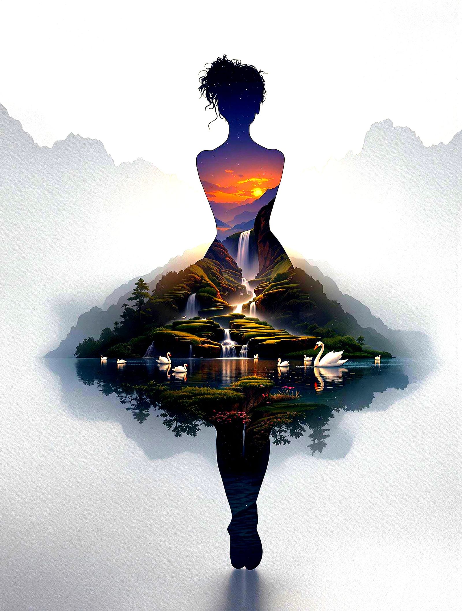 Ethereal Ballerina with Hyperrealistic Waterfall Landscape i...