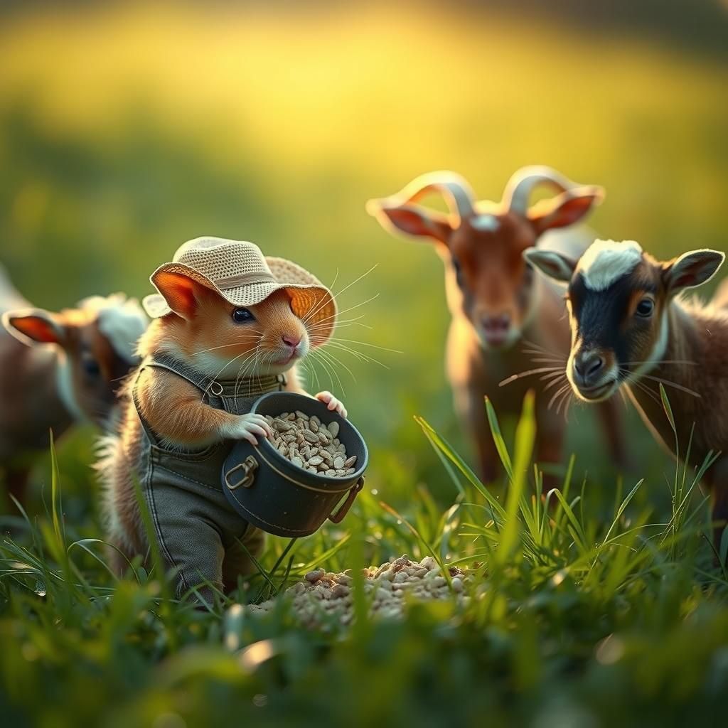 Hamster Feeds Goats in Sunny Meadow, Photography