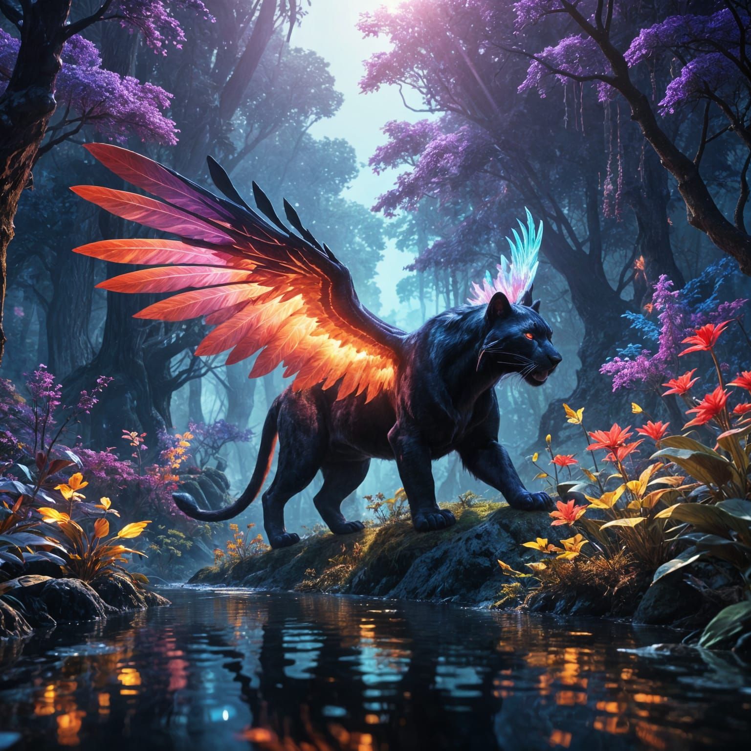 Surreal Landscape of a Purple Planet with a Majestic Panther