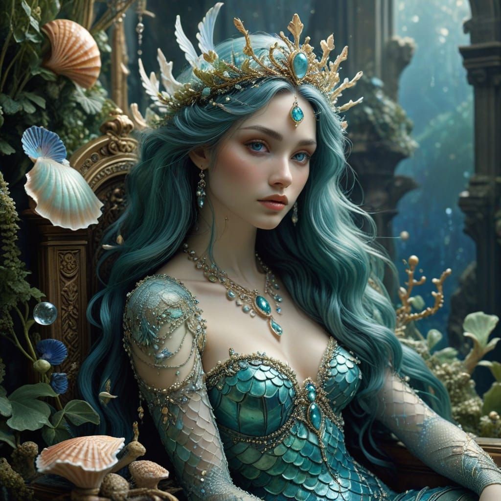 Mermaid Queen on Coral Throne, Hyperrealistic Art Nouveau