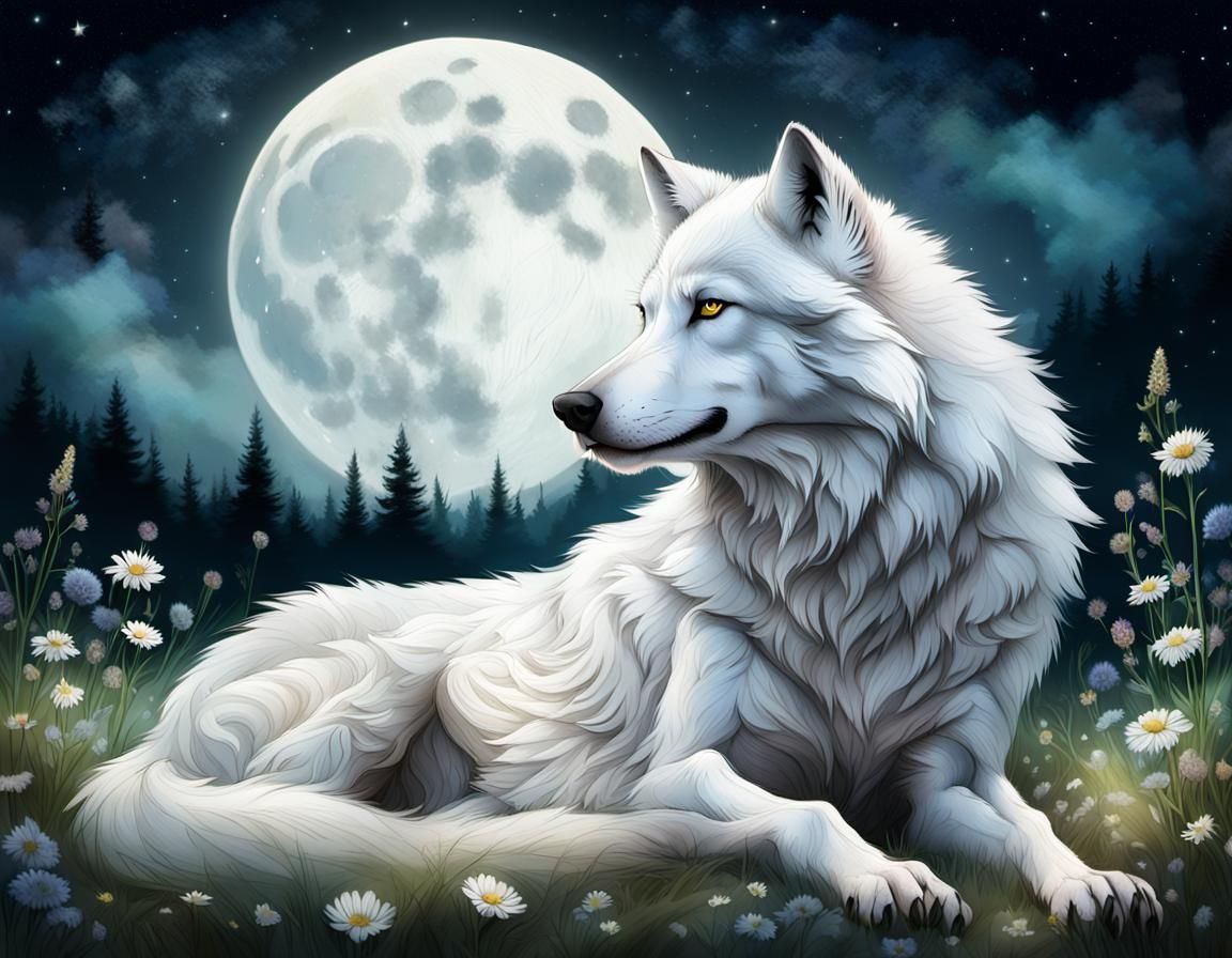 White Wolf Curled in Wildflowers Under Moonlight