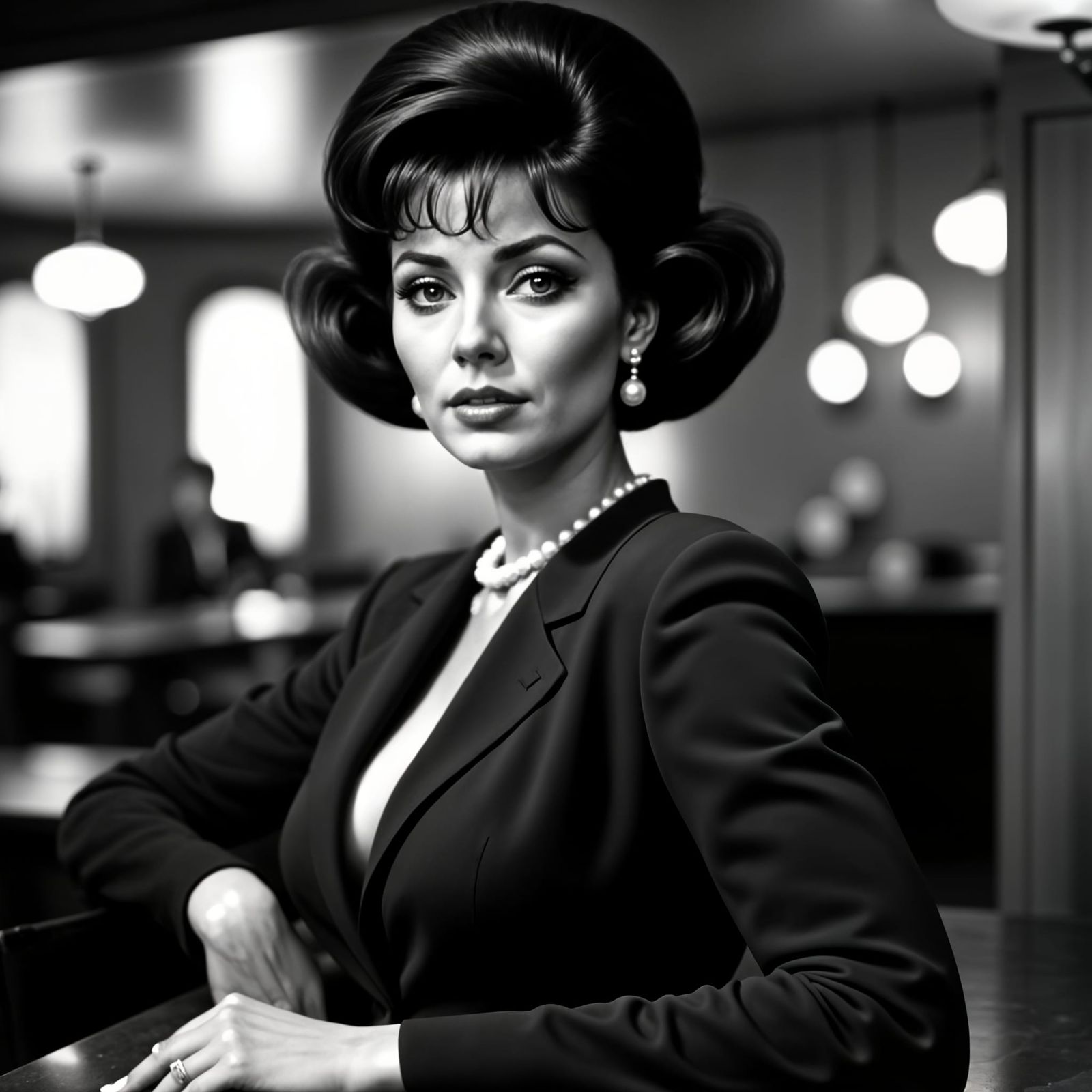 Vintage Woman in Suit with Pearl Necklace in Dark Ambiance