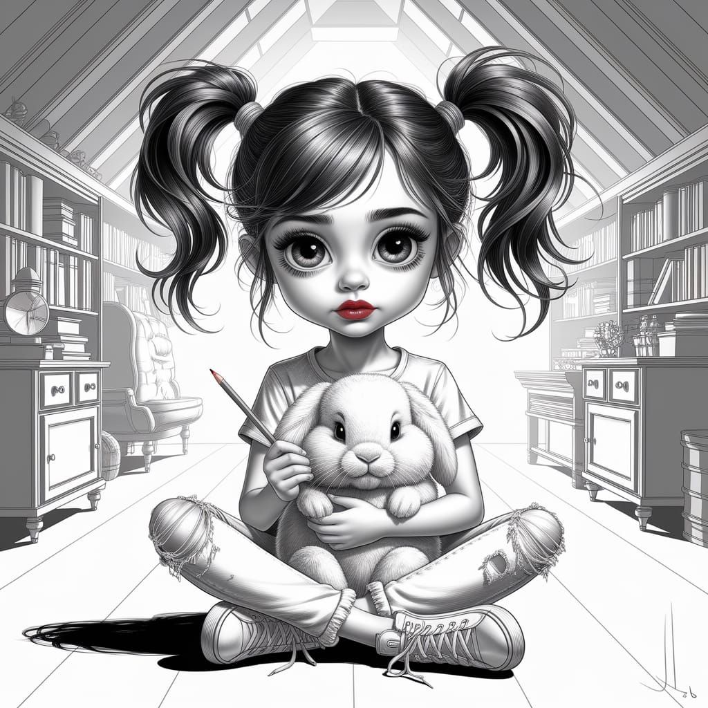 Girl Hugging Bunny, Detailed Pencil Sketch Style