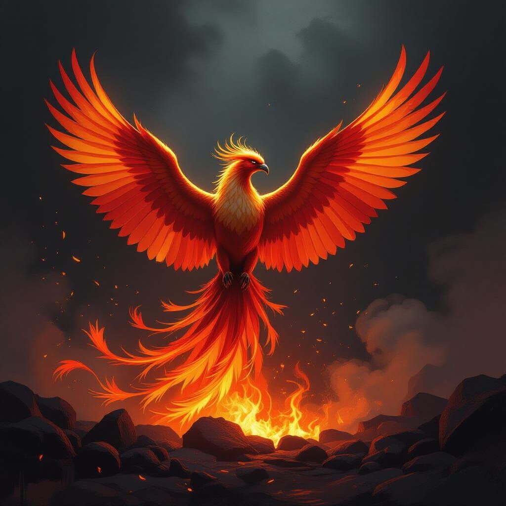 Majestic Phoenix Rises from Ashes in Fiery Impasto Style
