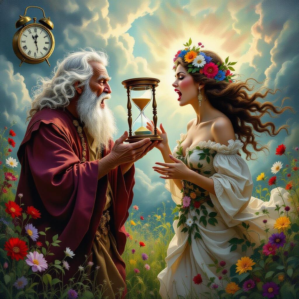 Father Time and Mother Nature Argue in Surreal Oil Painting