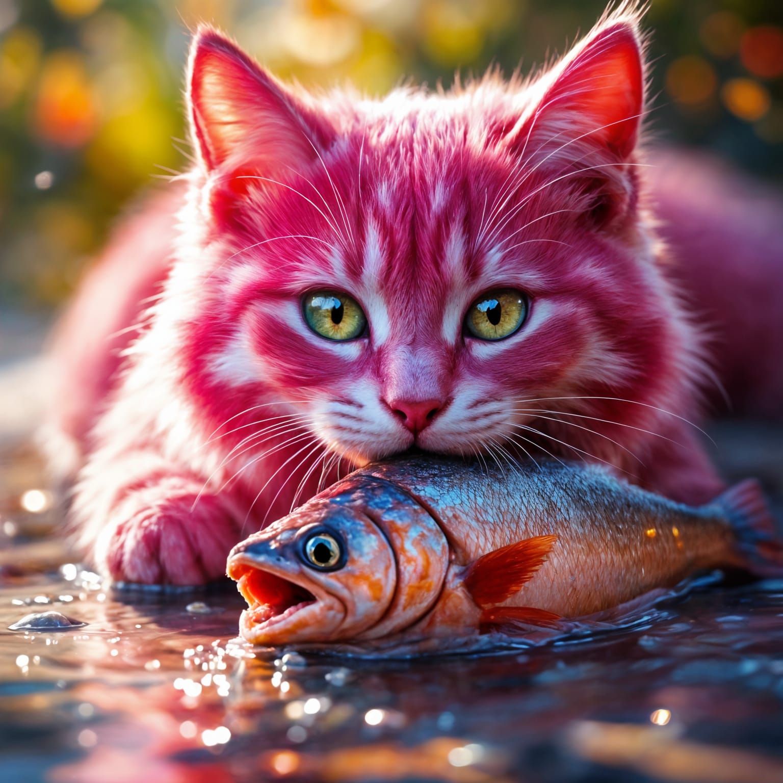 Majestic Pink Cat Savors Fish in Vibrant Artwork