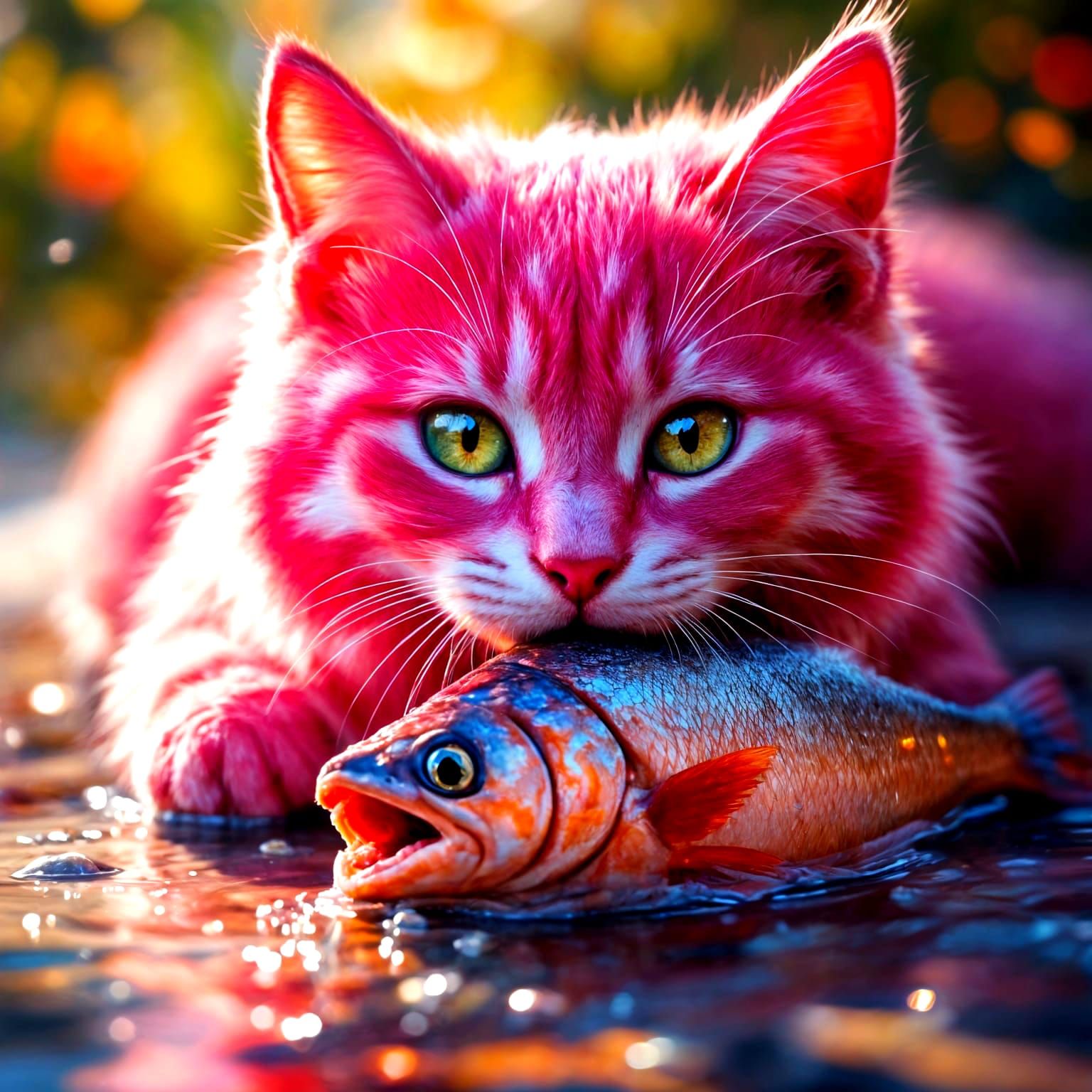 Majestic Pink Cat Savors Fish in Vibrant Artwork