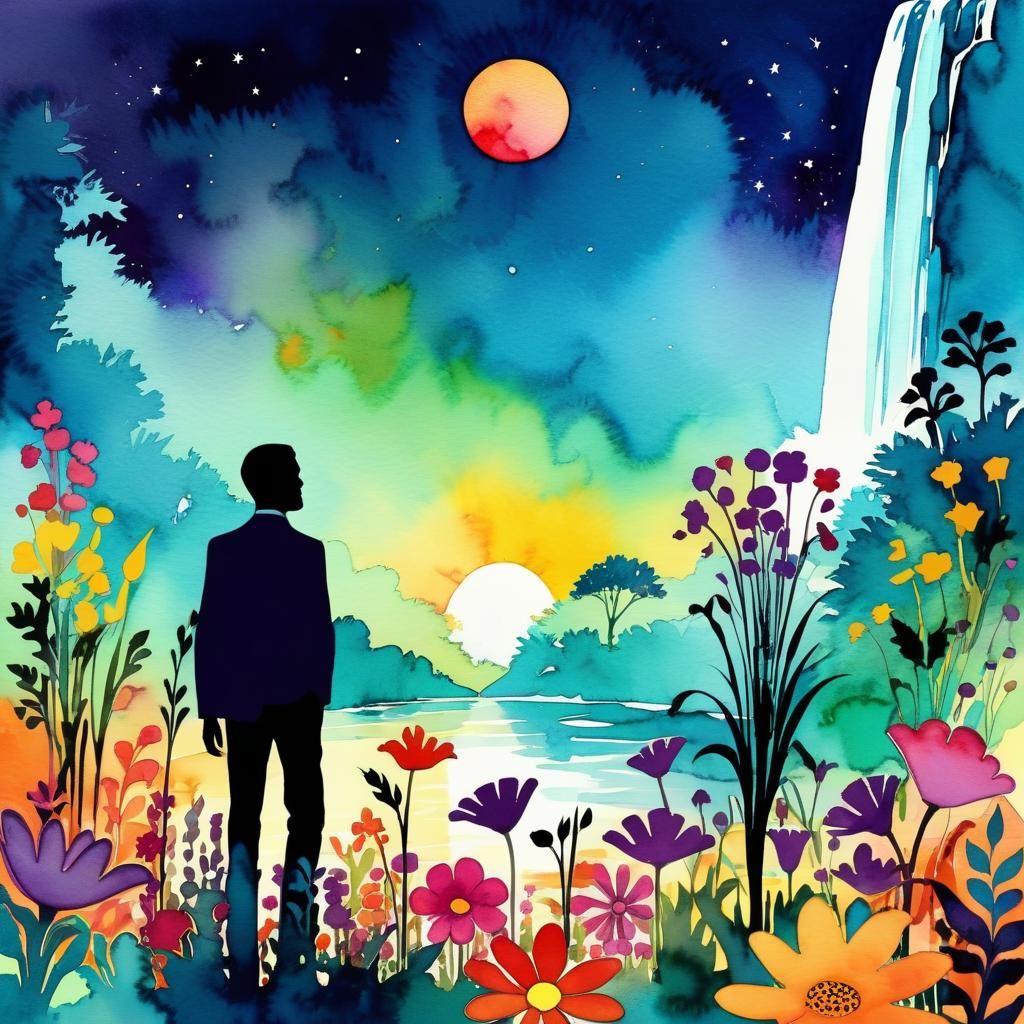 Magical Surreal Flower Garden Sunset in Watercolor Style