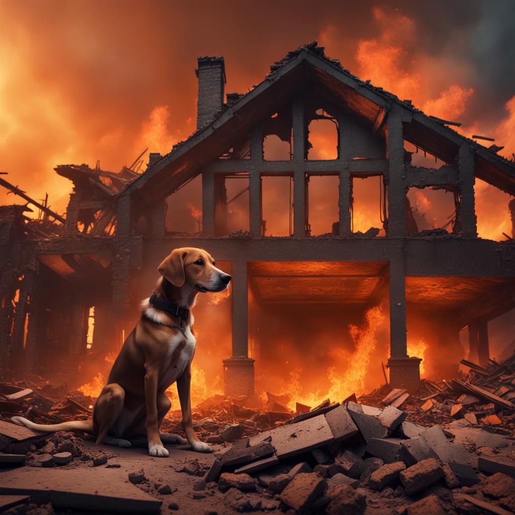 Loyal Dog Amidst Ruins in Detailed Matte Painting