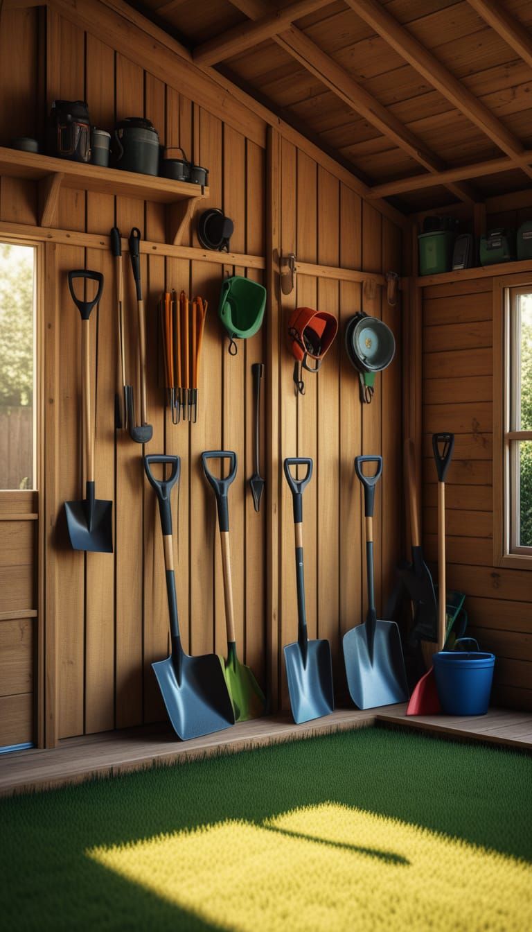 Sunlit Backyard Shed Interior with Tools and Lush Garden