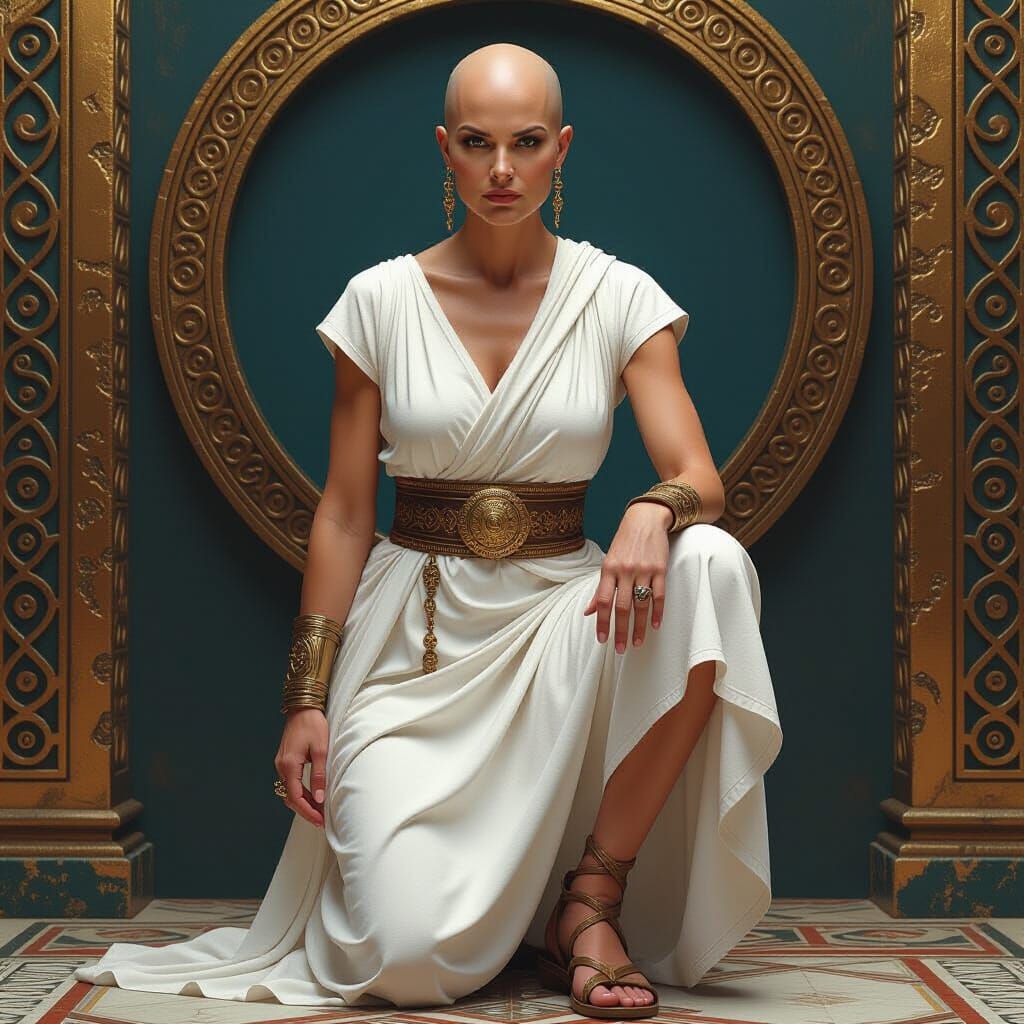 Stern Bald Woman in Greek Attire