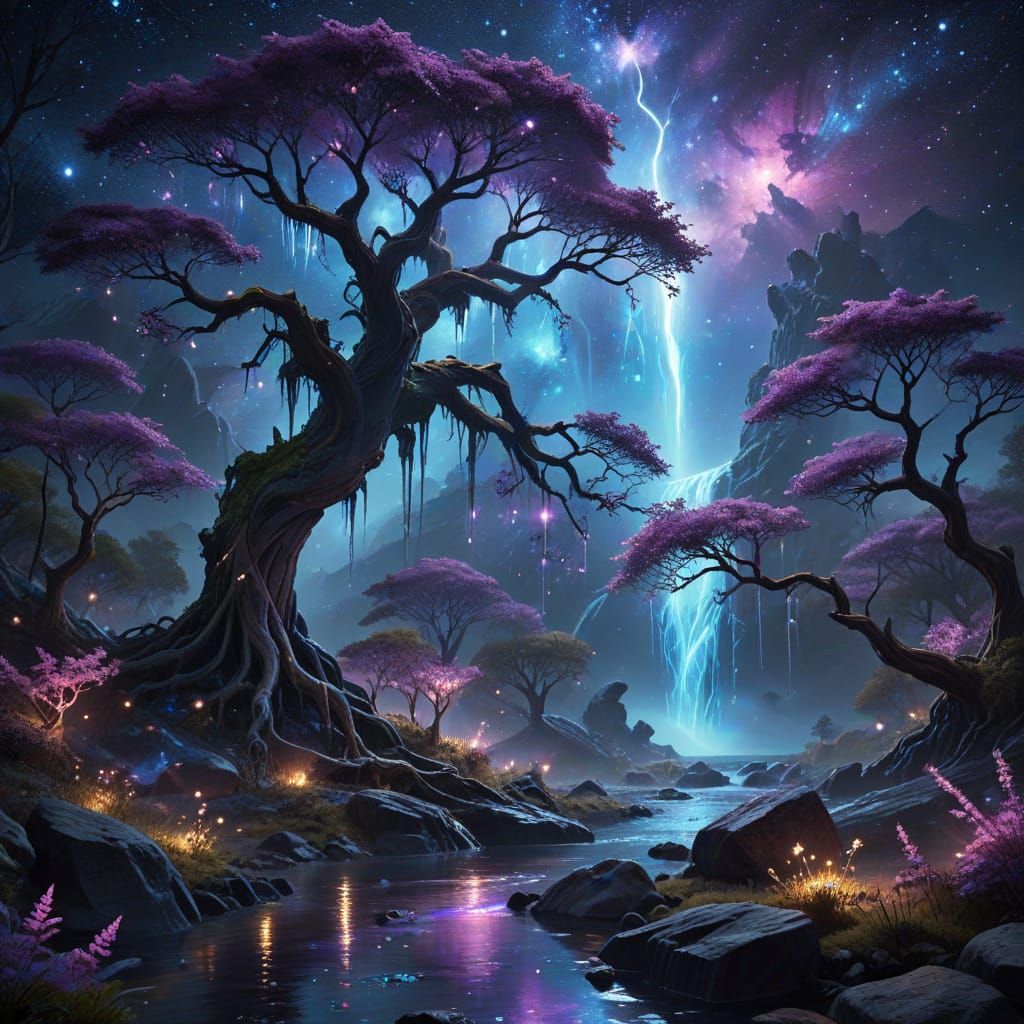Cosmic Waterfall Into Bioluminescent Alien Trees