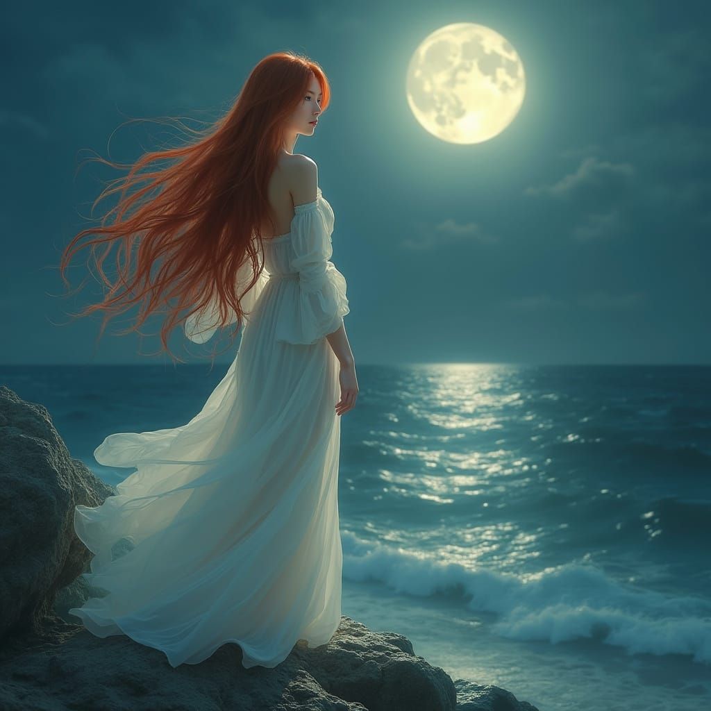 Moonlit Woman on Cliff in Hyper-Realistic Style
