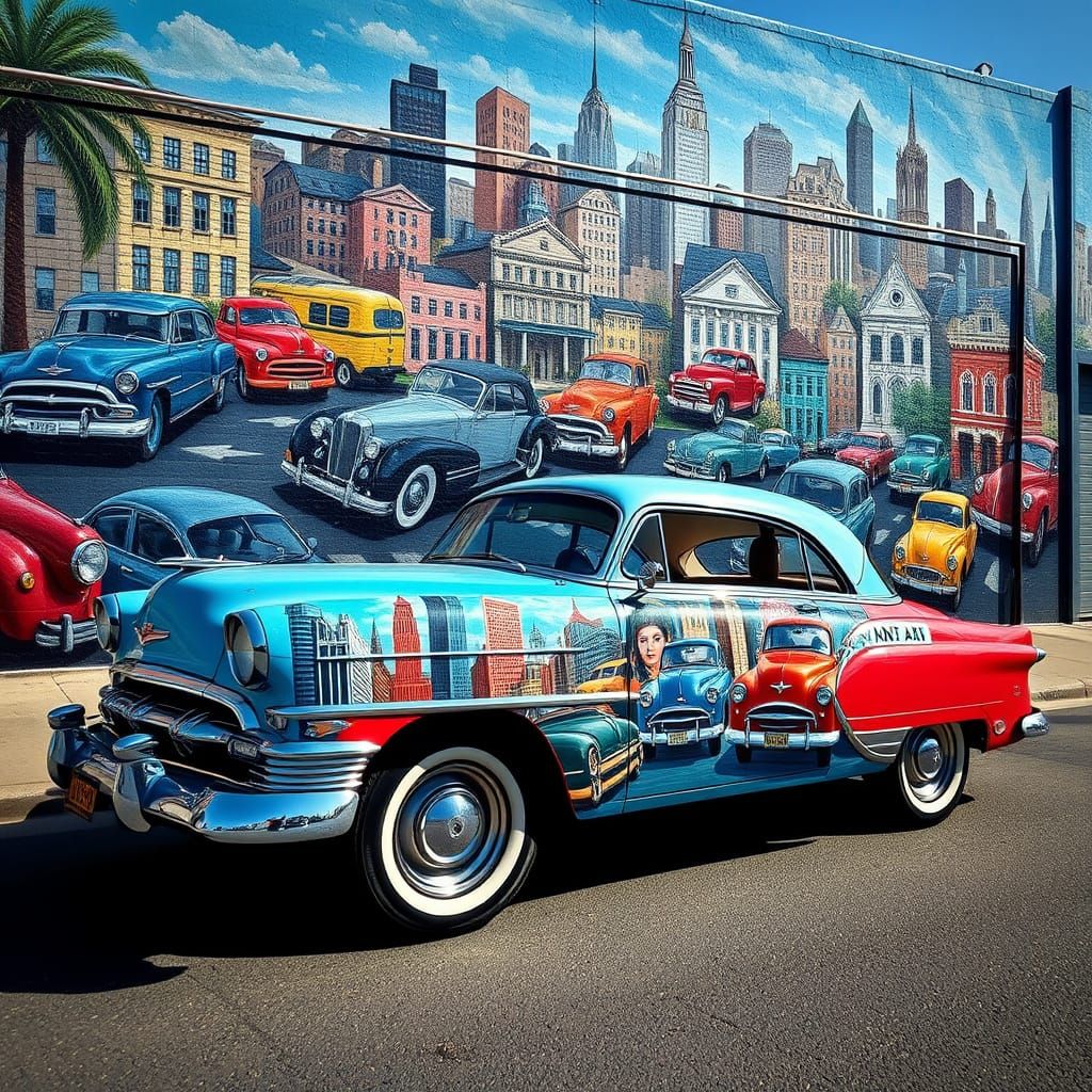 Classic Car with Cityscape Mural Painting