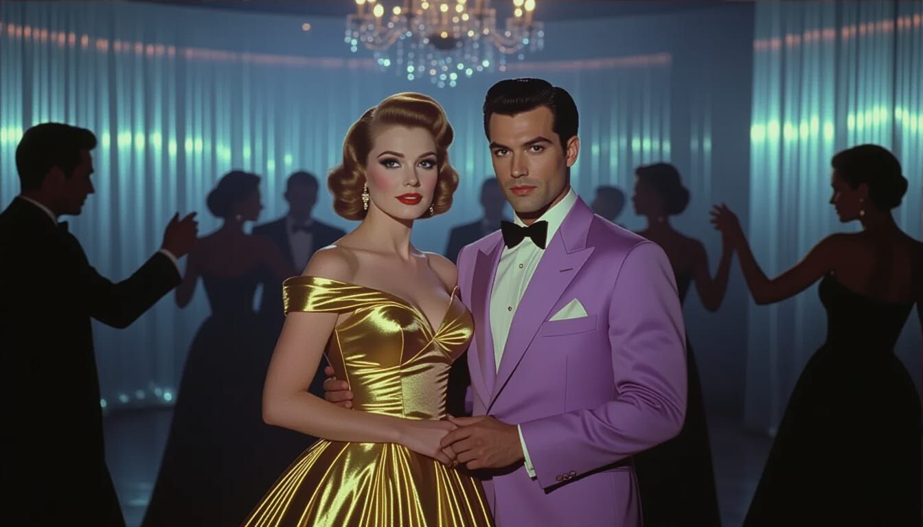 Dreamlike Ballroom Scene with Gender-Fluid 1950s Couple