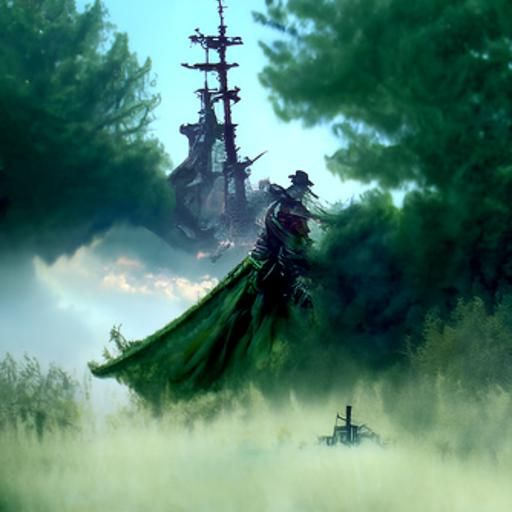 Ethereal Pirate Ship Sailing Through Green Fog