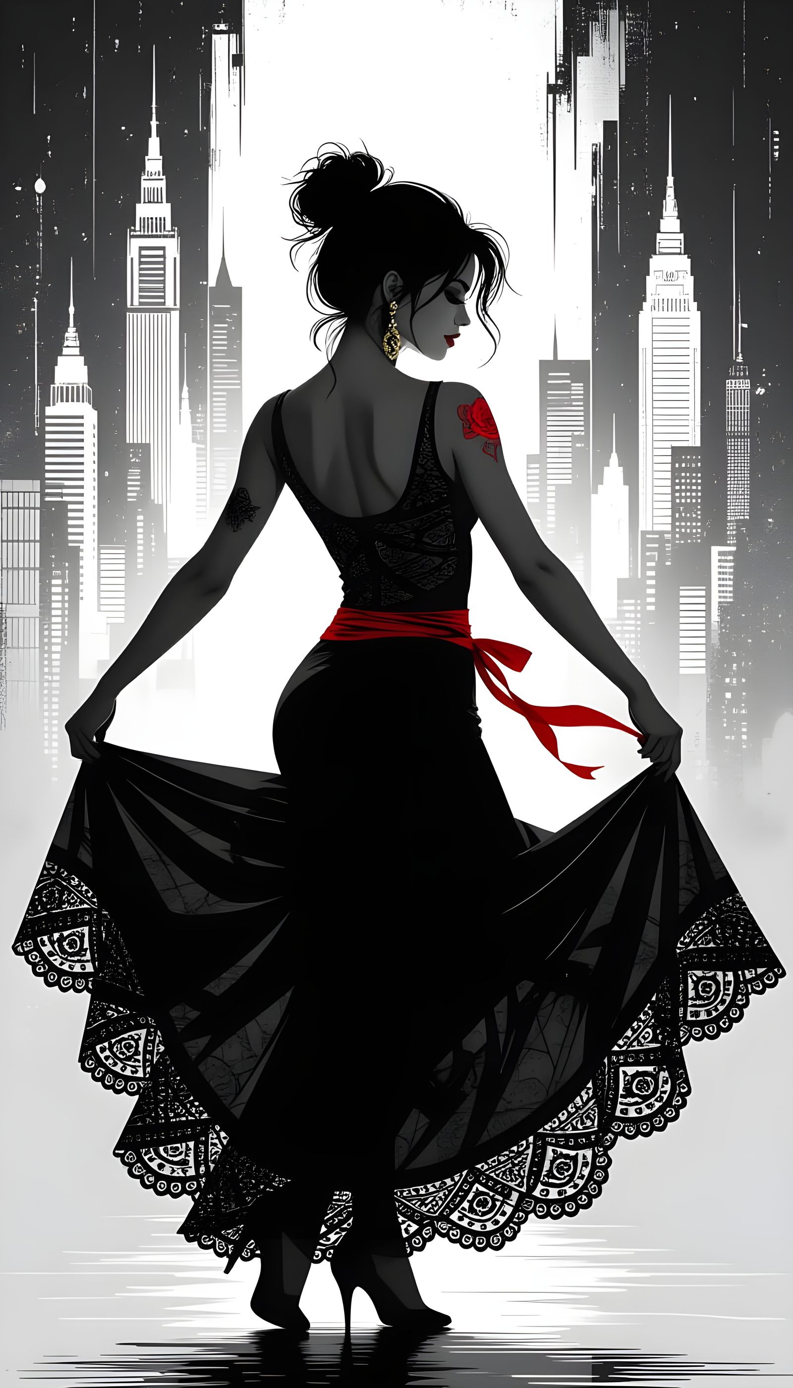 Black and White Flamenco Dancer Silhouette with Red Accents