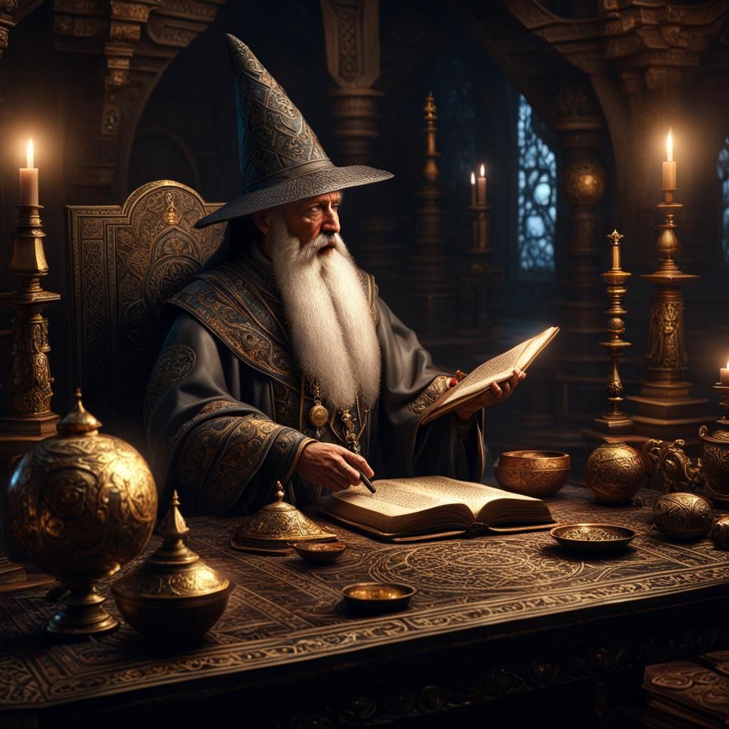 Detailed Wizard at Obsidian Table, Hypermaximalist Style