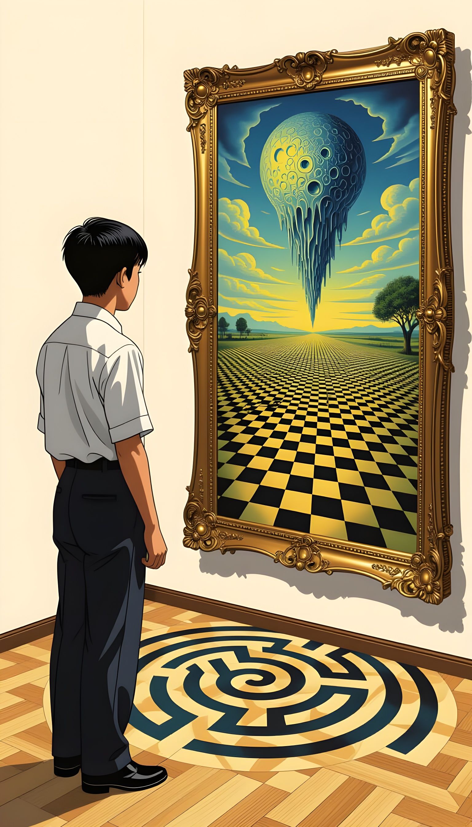 Surrealist Painting of Man Facing Labyrinth Reality