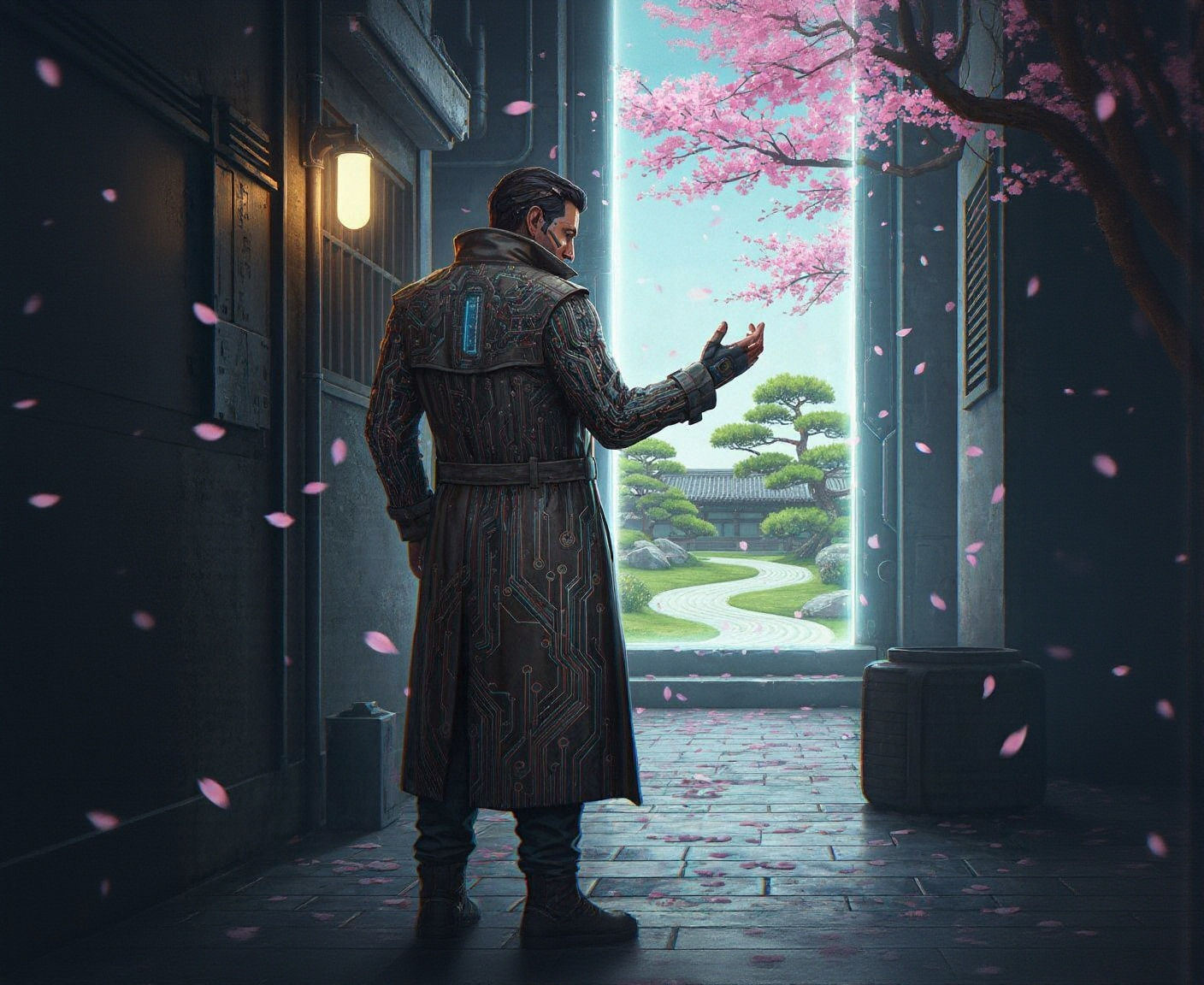 Cyberpunk Detective Investigates Portal to Zen Garden