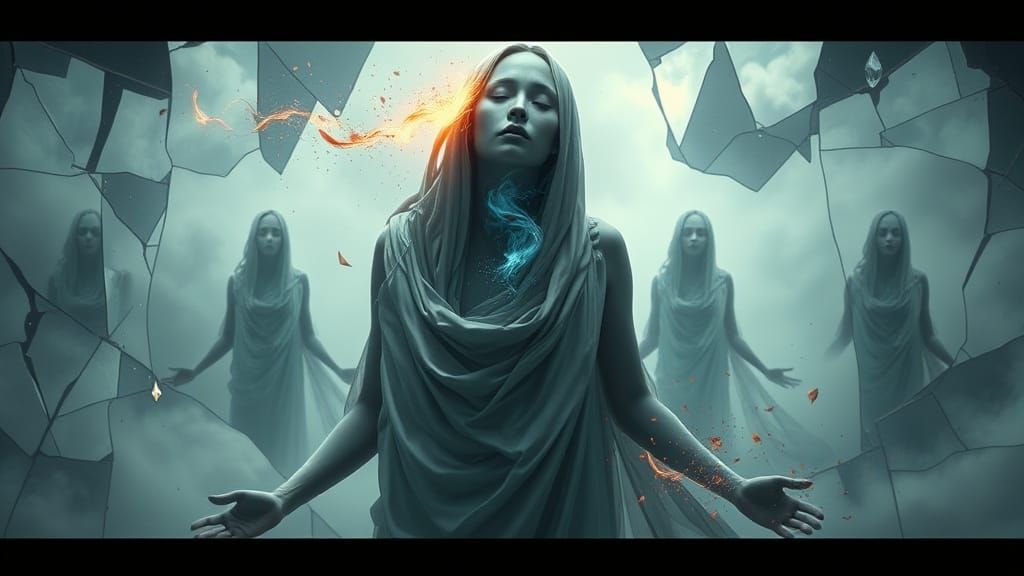 Surreal Human Figure in Shattered Mirror Landscape with Disc...