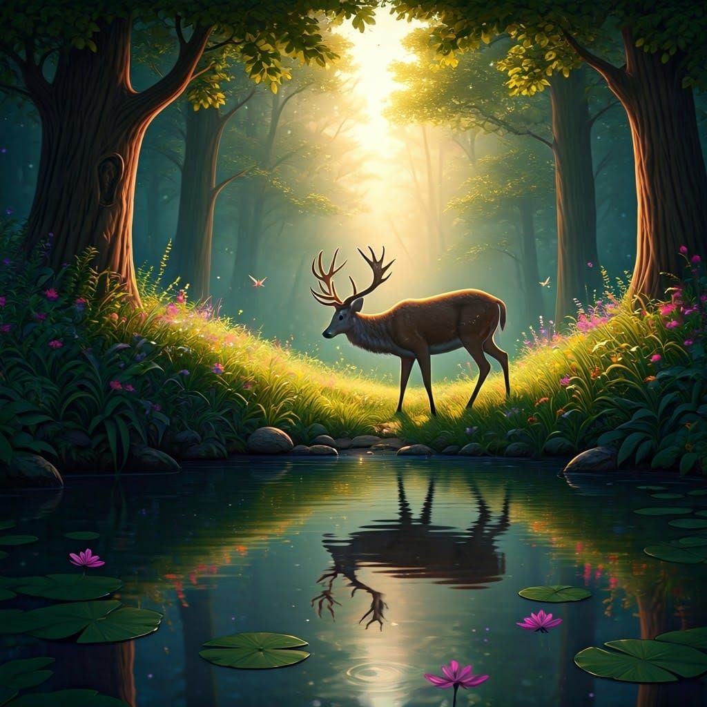 Majestic Deer in Enchanted Forest Clearing, with Iridescent ...