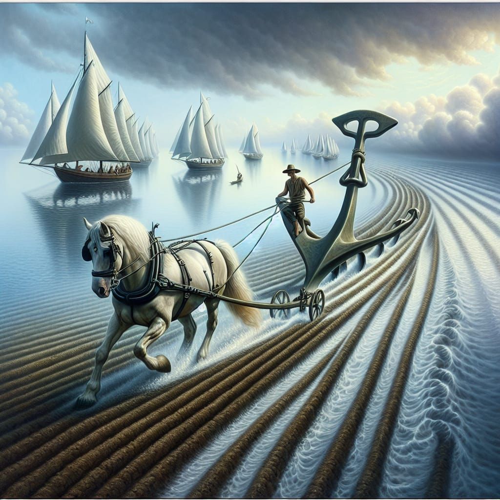 Surreal Horse Plows Anchor Creating River of Sailboats