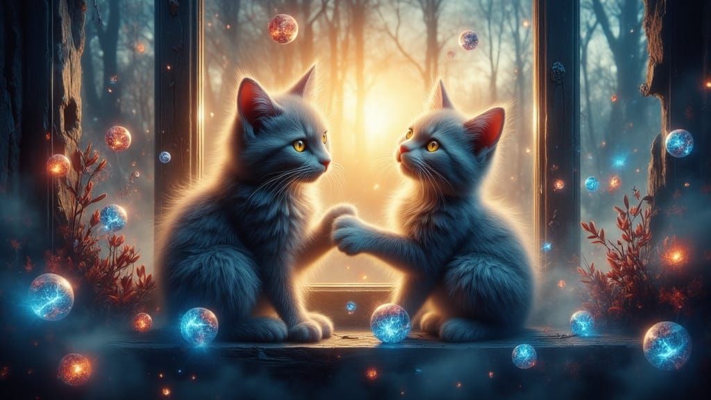 Whimsical Cats in Golden Light, Surrealist Style