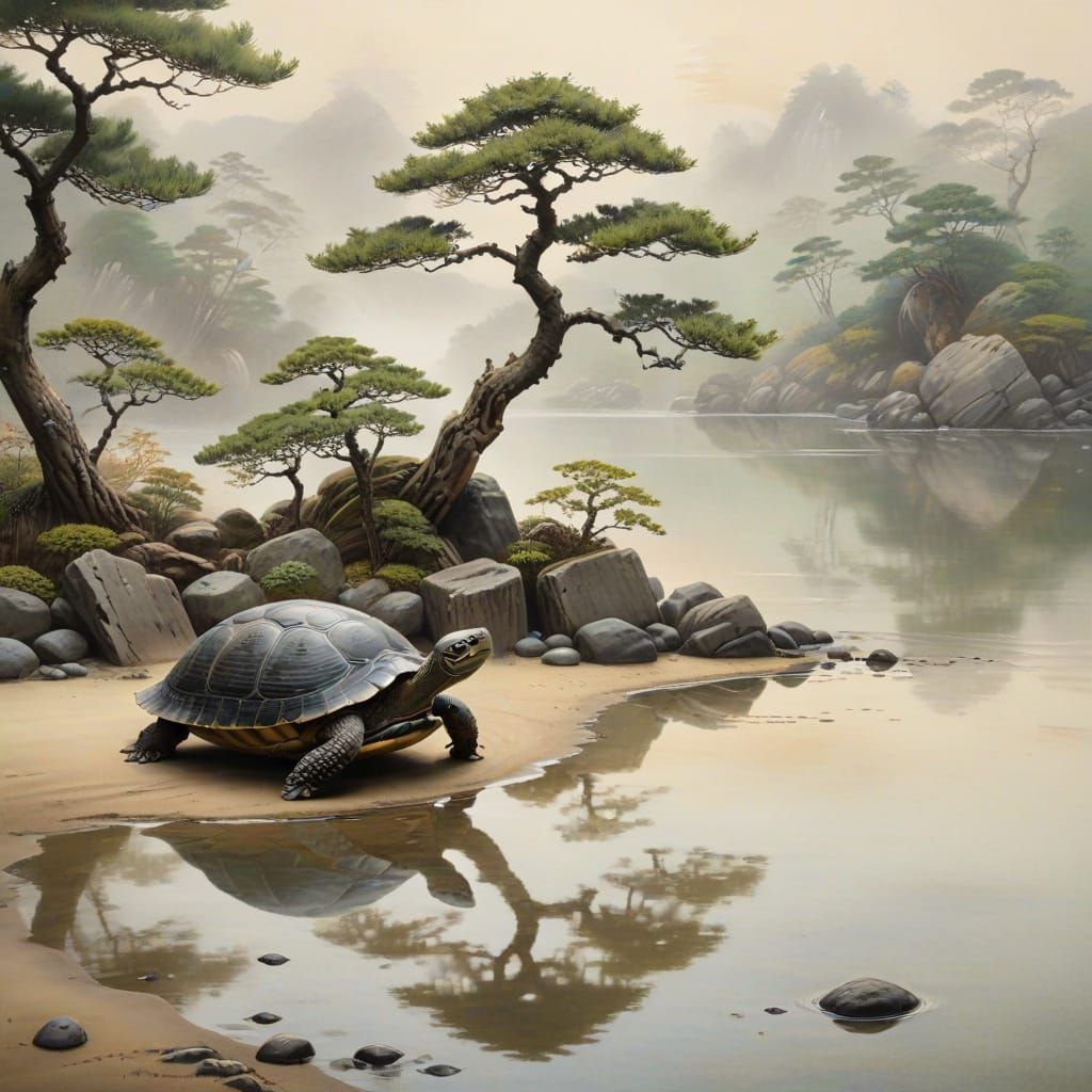 Zen Garden Turtle: Traditional Japanese Painting