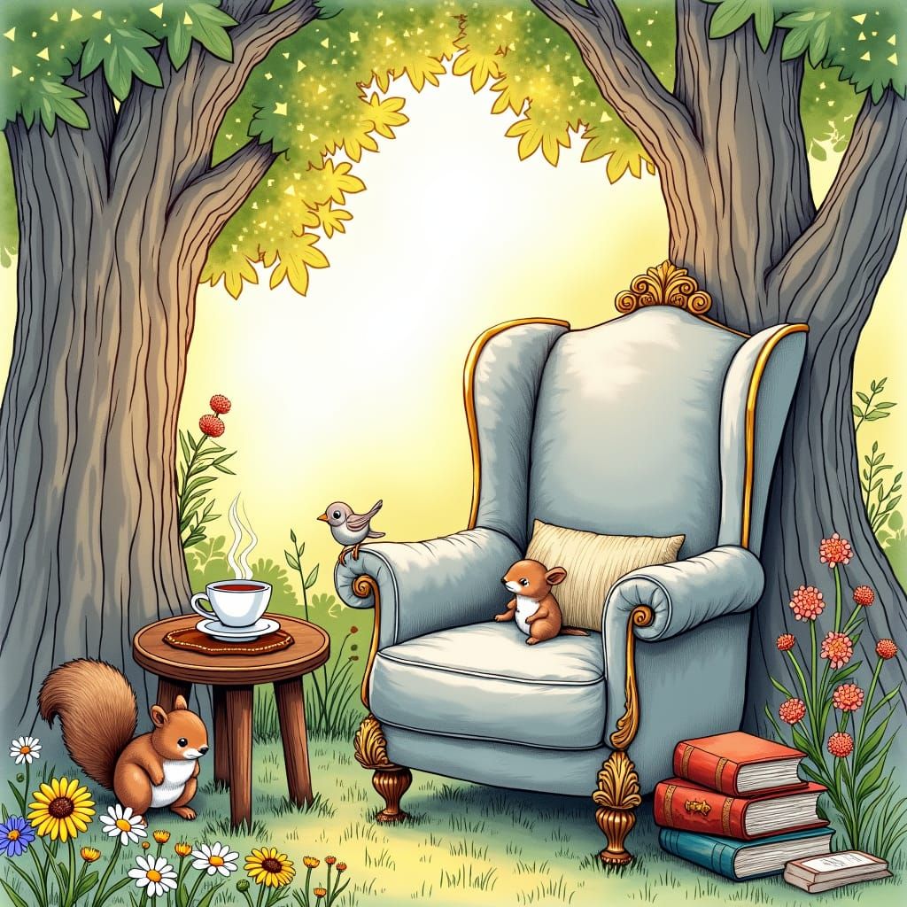 Detailed Line Art of Forest Reading Nook