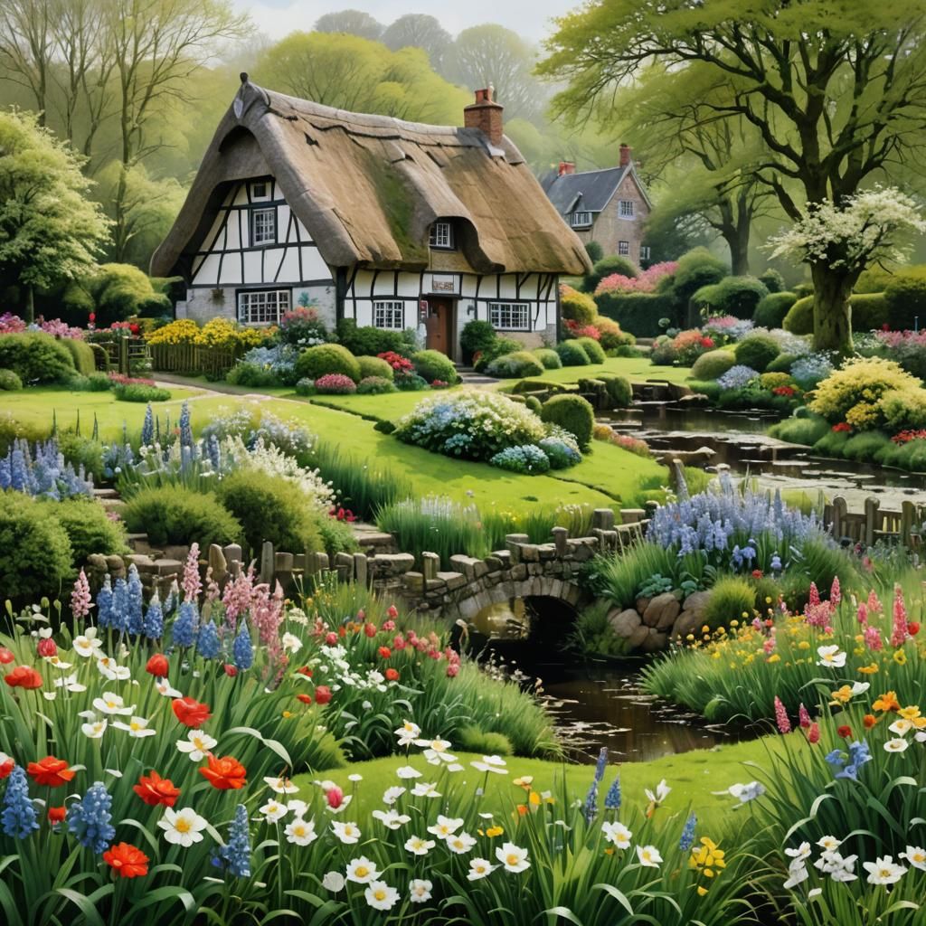 Charming Thatched House with Spring Garden, Watercolor Style