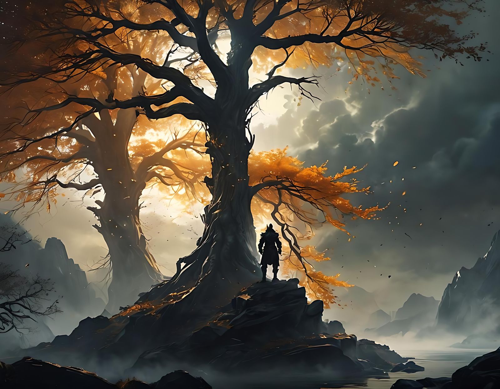 Epic Dark Fantasy Warrior and Golden Tree