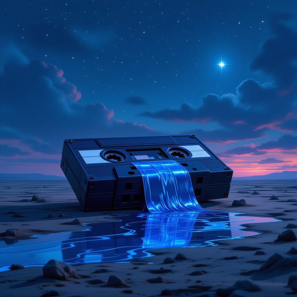 Giant Cassette Tape on Windswept Plain Under Twilight Sky